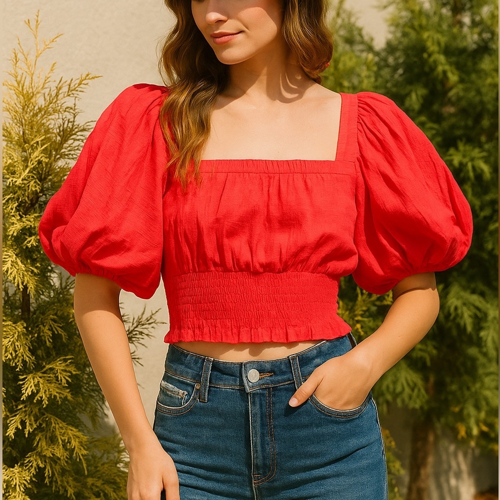 NWT Band of the Free Hot Coral Puff Sleeve Smocked Crop Top L Boho Festival